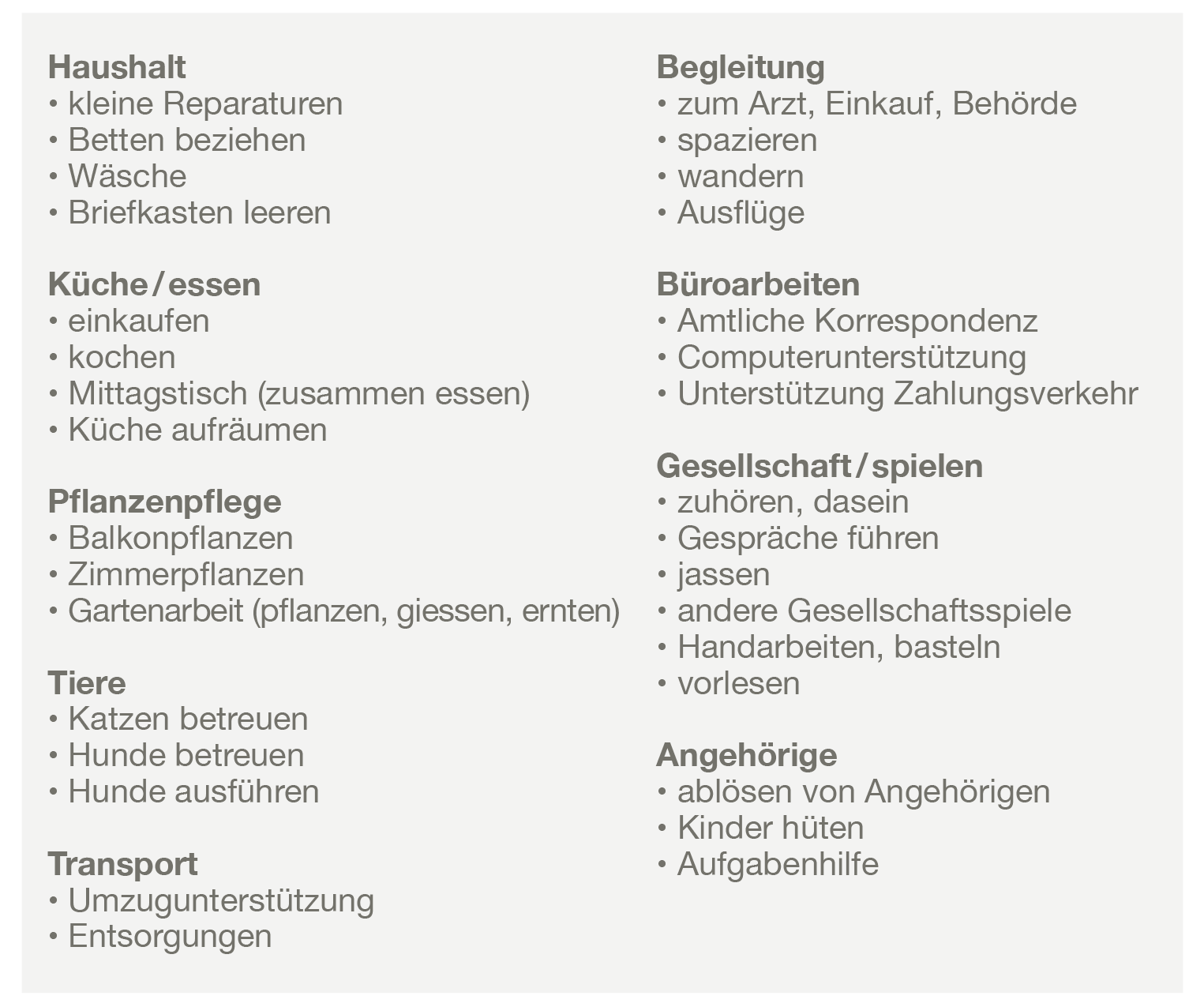 Mögliche Unterstützung, welche Sie Geben oder Nehmen können Dienstleistungen von KISS Belalp-Simplon
